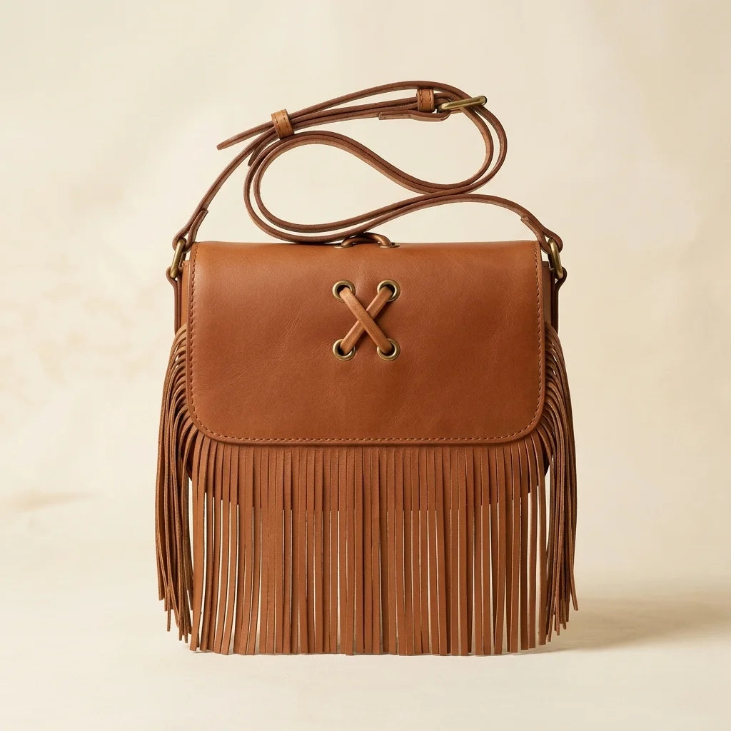 Light Brown small fringe leather crossbody bag, front view