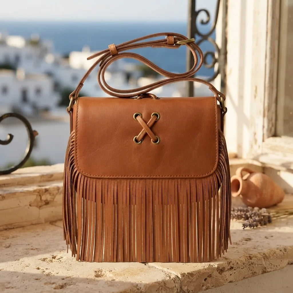 Light Brown small fringe leather crossbody bag styled in a warm Mediterranean setting