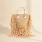 Natural small fringe tote bag, front view