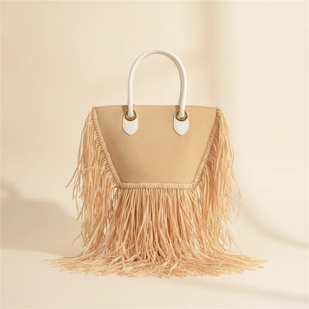 Natural small fringe tote bag, front view
