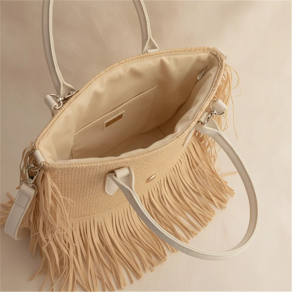 Interior lining and pockets of Natural small fringe tote bag