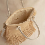Interior lining and pockets of Natural small fringe tote bag