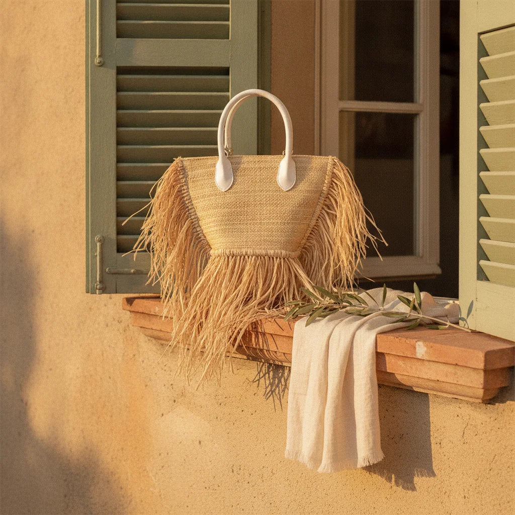 Natural small fringe tote bag styled in a warm Mediterranean setting