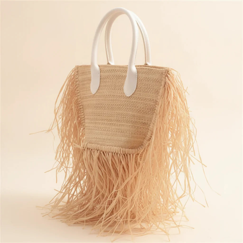 Natural small fringe tote bag, three-quarter angle showing side depth
