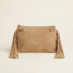 Back panel of Beige small suede fringe bag with strap attachments