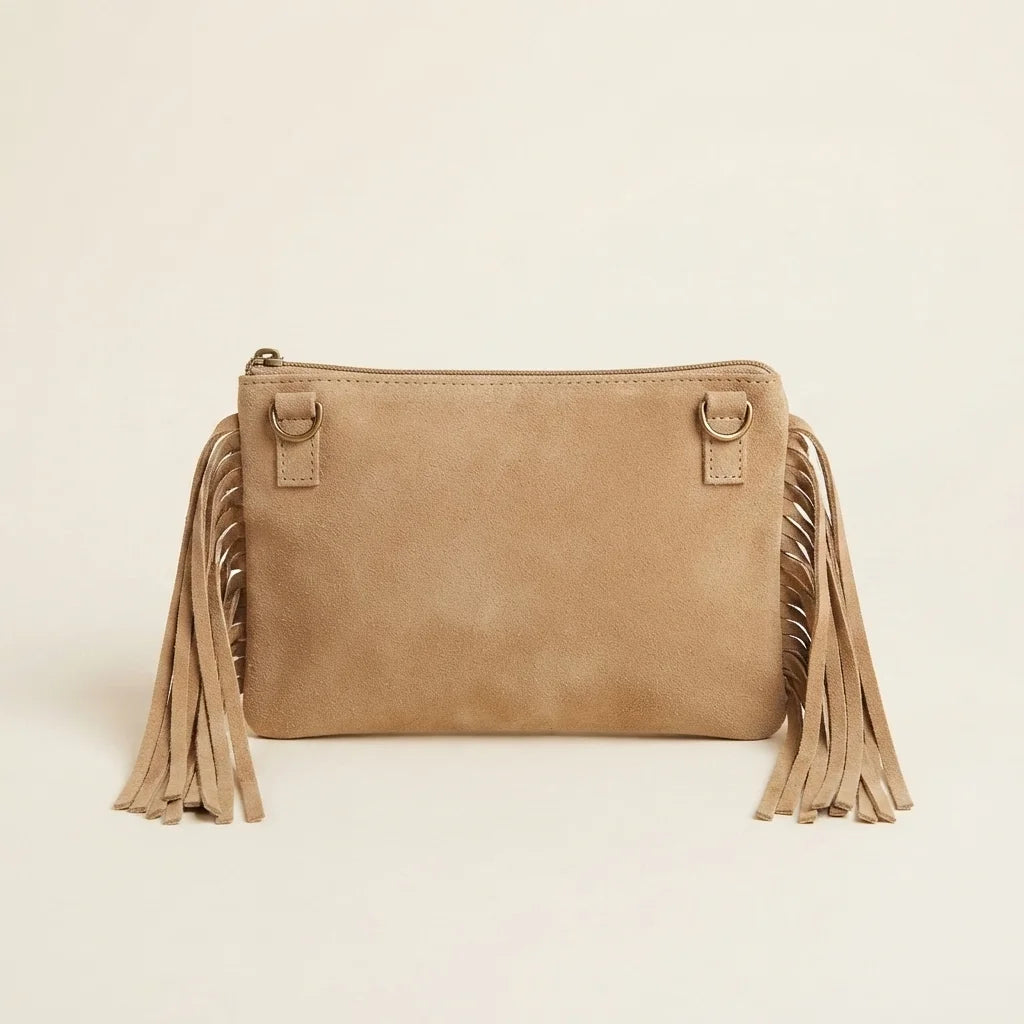 Back panel of Beige small suede fringe bag with strap attachments