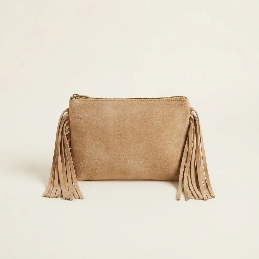 Beige small suede fringe bag, front view