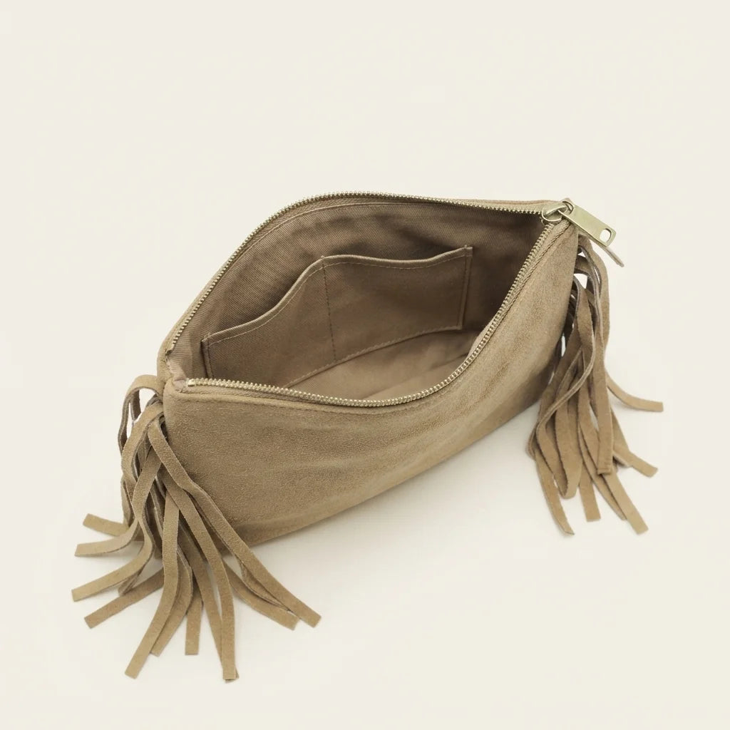 Interior lining and pockets of Beige small suede fringe bag