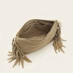 Interior lining and pockets of Beige small suede fringe bag