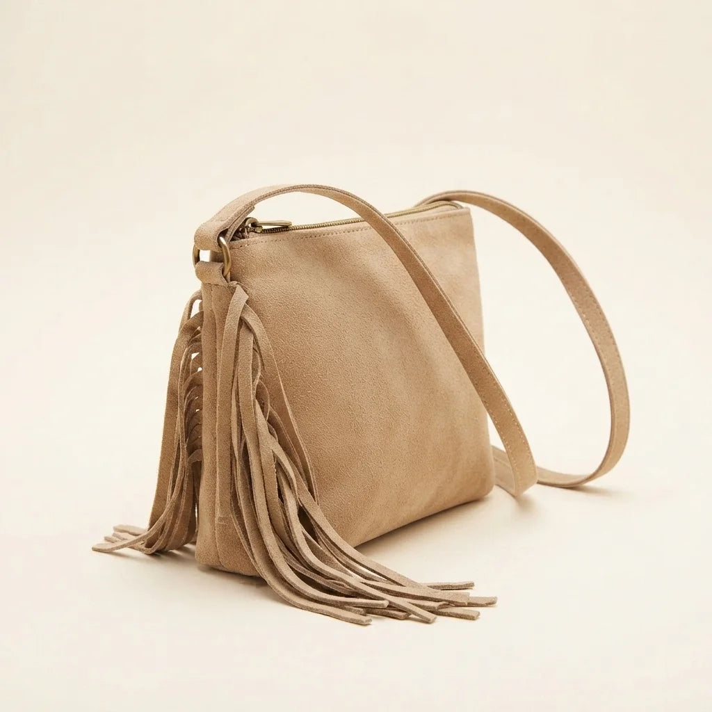 Beige small suede fringe bag, three-quarter angle showing side depth