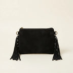 Back panel of Black small suede fringe bag with strap attachments