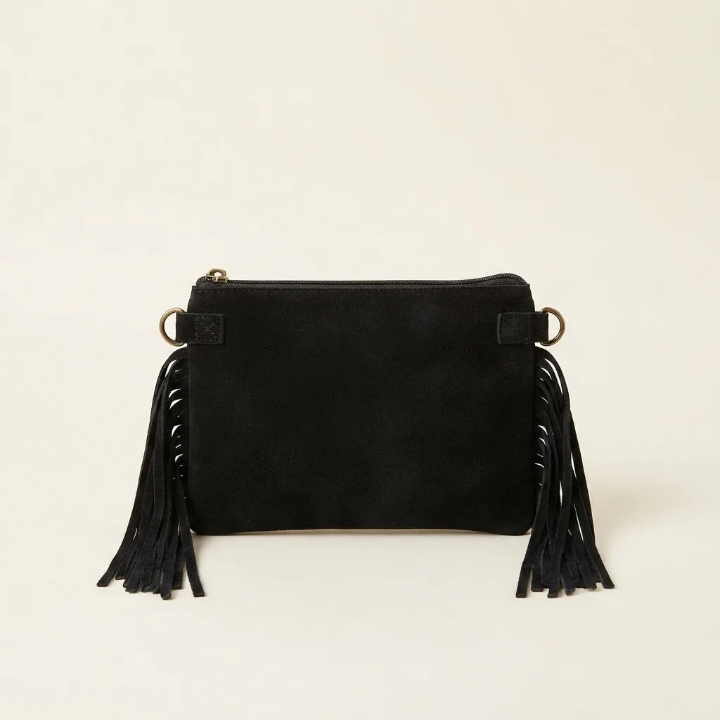Back panel of Black small suede fringe bag with strap attachments