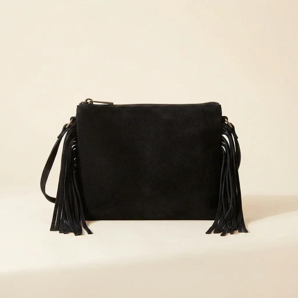 Black small suede fringe bag, front view