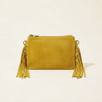 Back panel of Green small suede fringe bag with strap attachments