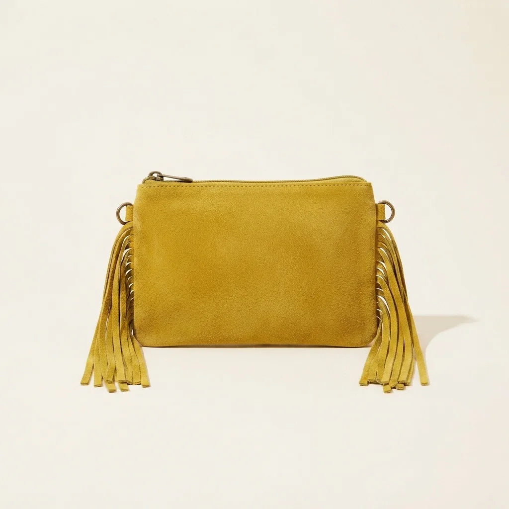 Back panel of Green small suede fringe bag with strap attachments