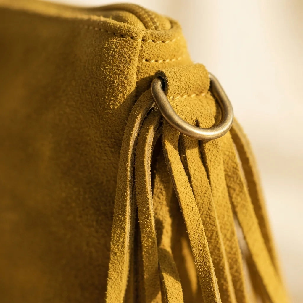 Close-up of fringe stitching and texture on Green small suede fringe bag
