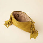 Interior lining and pockets of Green small suede fringe bag