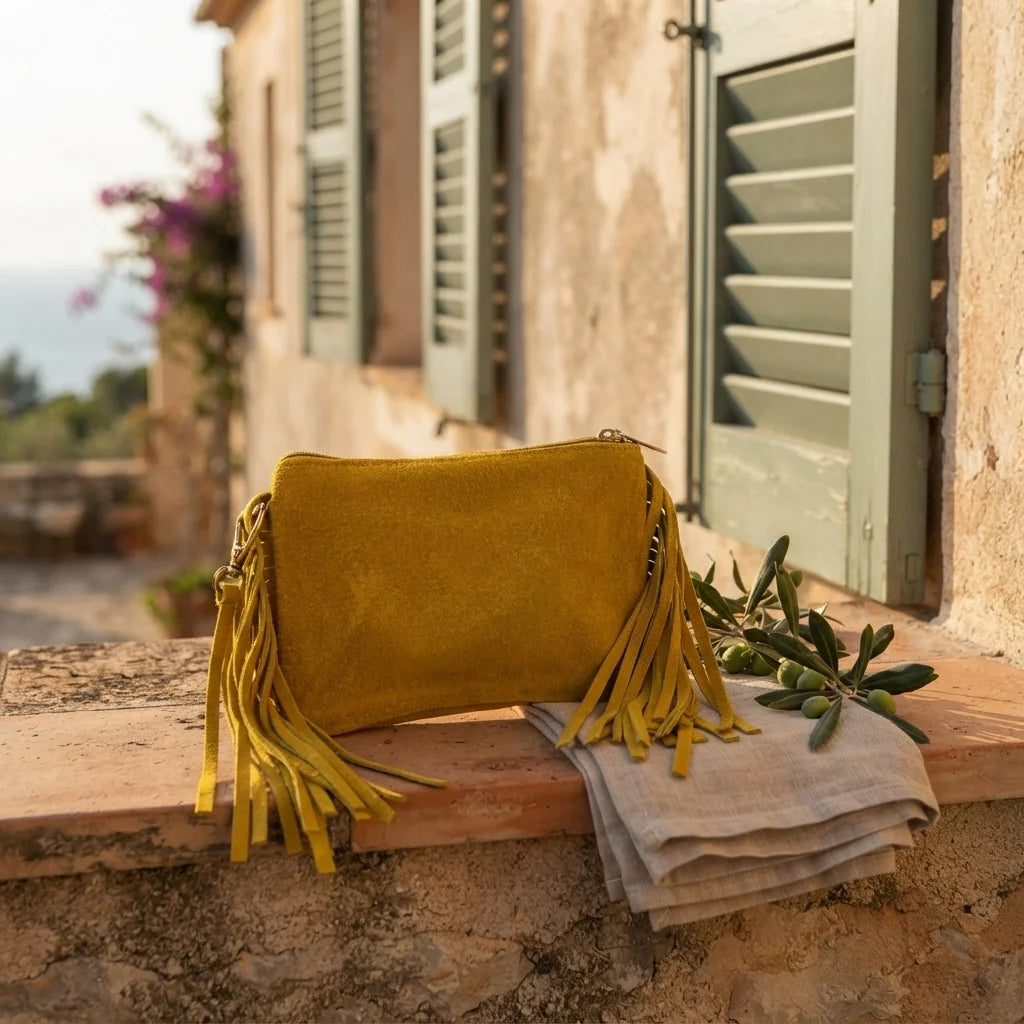 Green small suede fringe bag styled in a warm Mediterranean setting