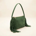 Green small suede fringe bag, three-quarter angle showing side depth