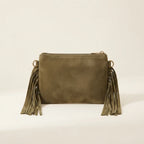 Back panel of Khaki small suede fringe bag with strap attachments