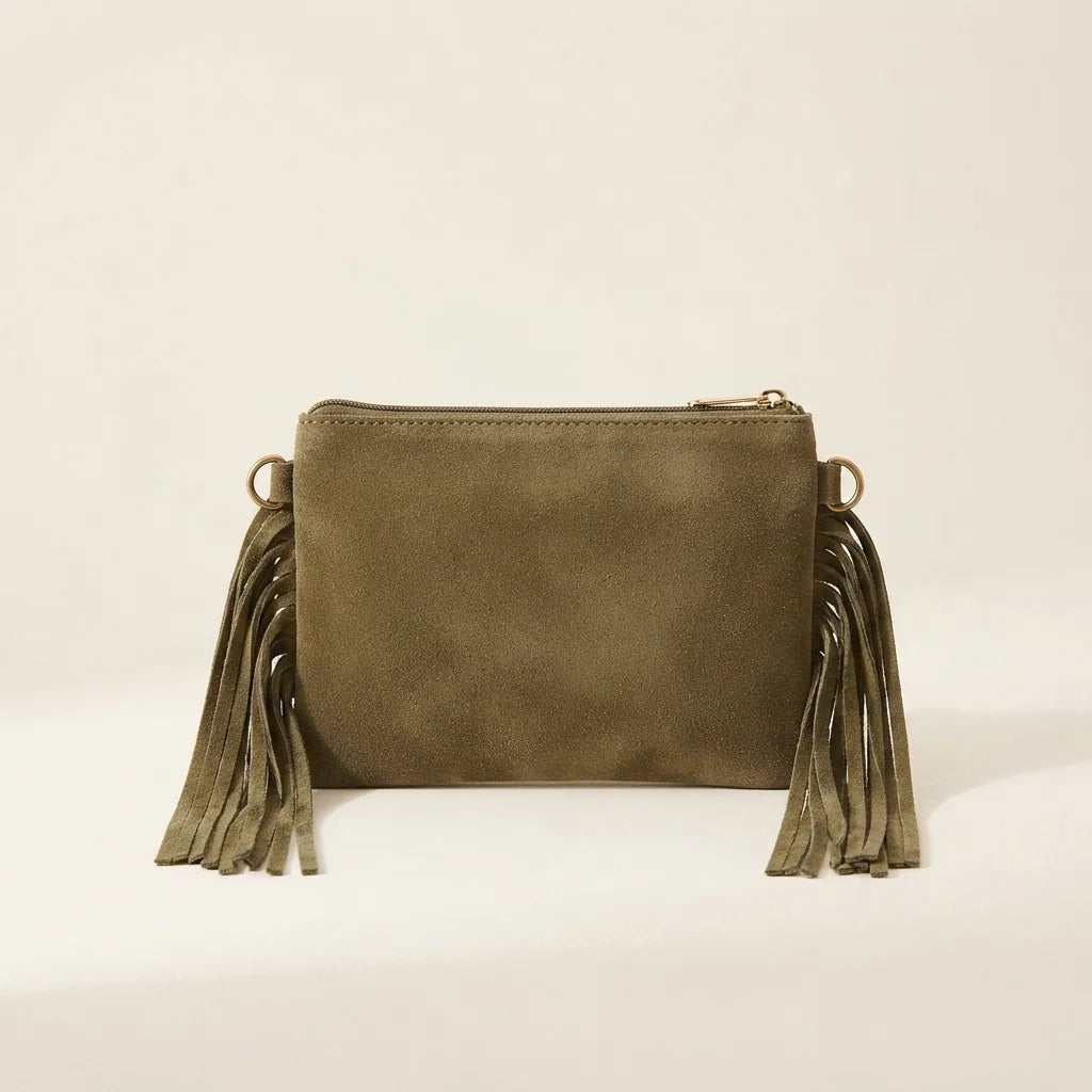 Back panel of Khaki small suede fringe bag with strap attachments