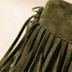 Close-up of fringe stitching and texture on Khaki small suede fringe bag