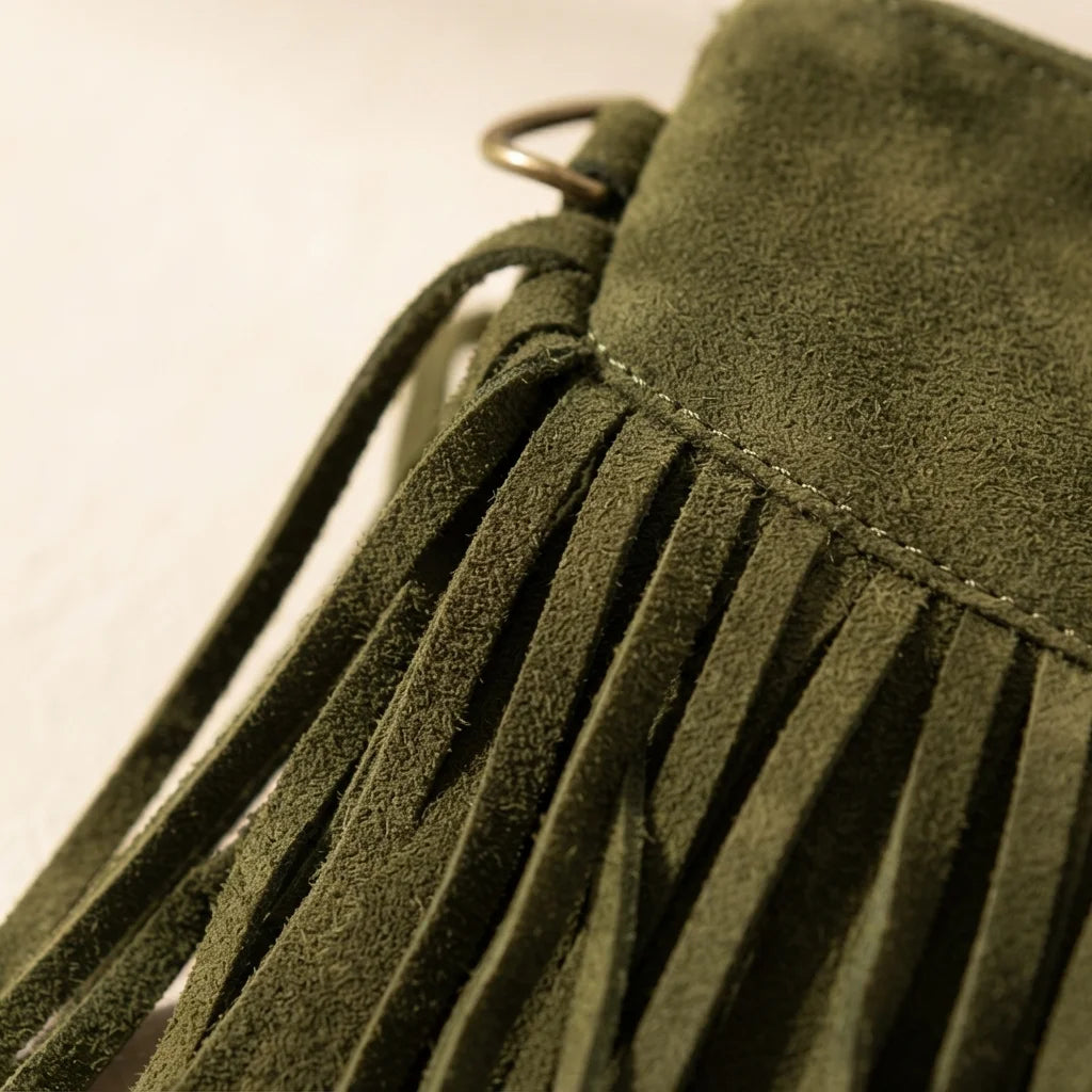 Close-up of fringe stitching and texture on Khaki small suede fringe bag