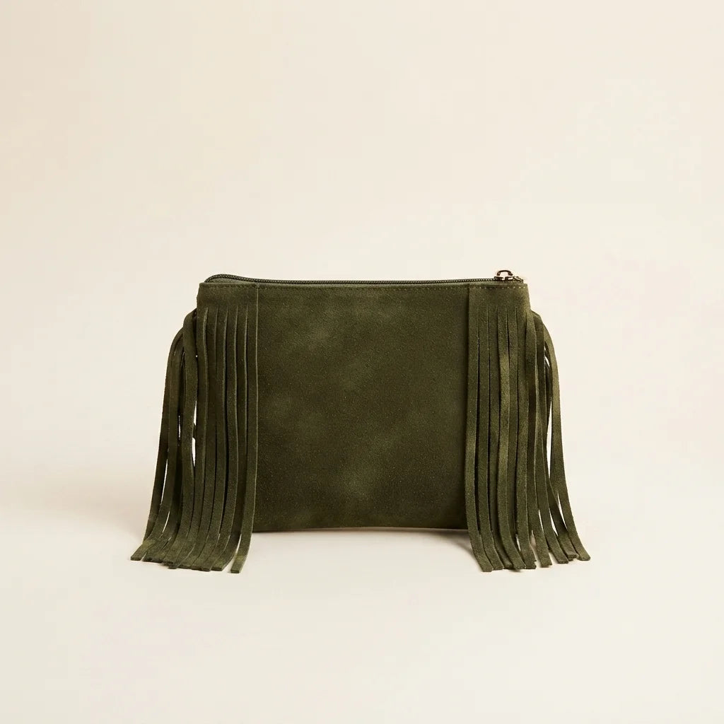 Khaki small suede fringe bag, front view