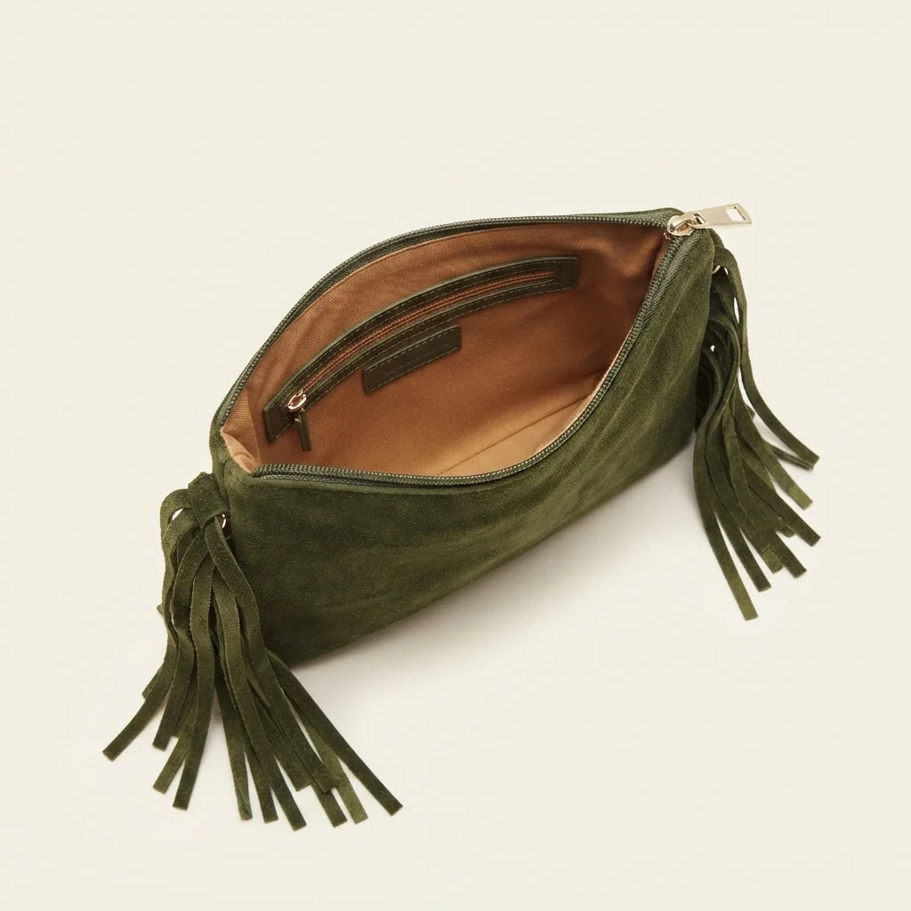 Interior lining and pockets of Khaki small suede fringe bag