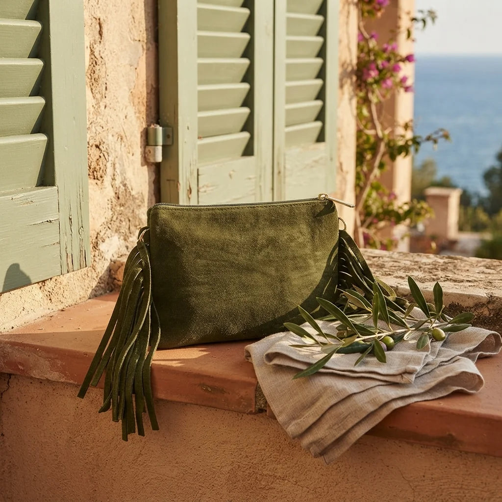 Khaki small suede fringe bag styled in a warm Mediterranean setting