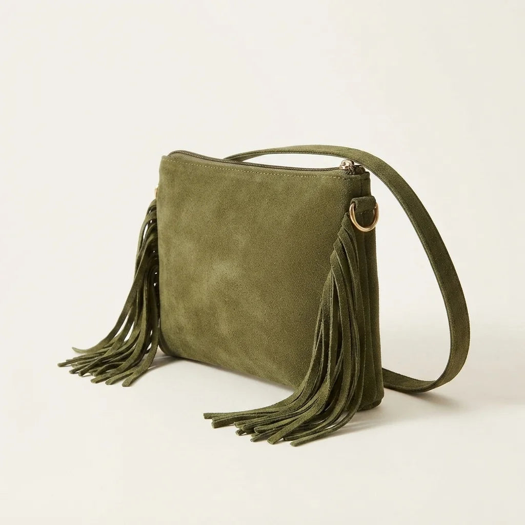 Khaki small suede fringe bag, three-quarter angle showing side depth