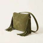 Khaki small suede fringe bag, three-quarter angle showing side depth
