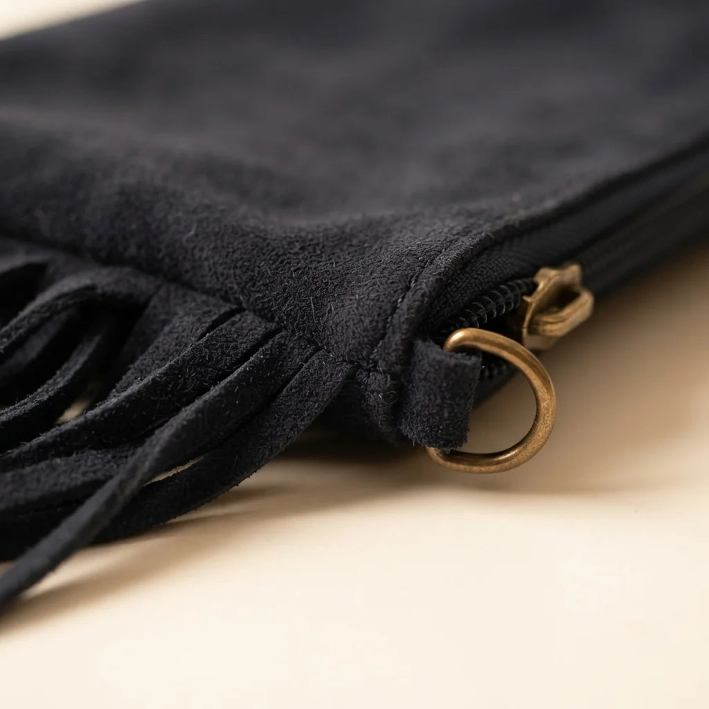 Close-up of fringe stitching and texture on Navy small suede fringe bag