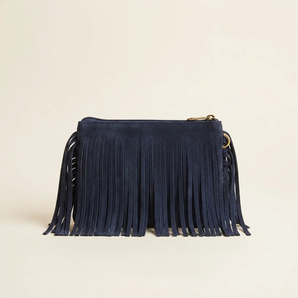 Navy small suede fringe bag, front view