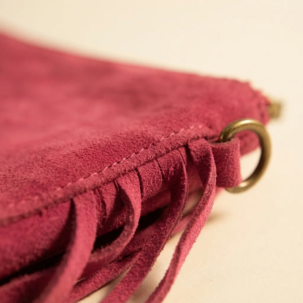 Close-up of fringe stitching and texture on Pink small suede fringe bag