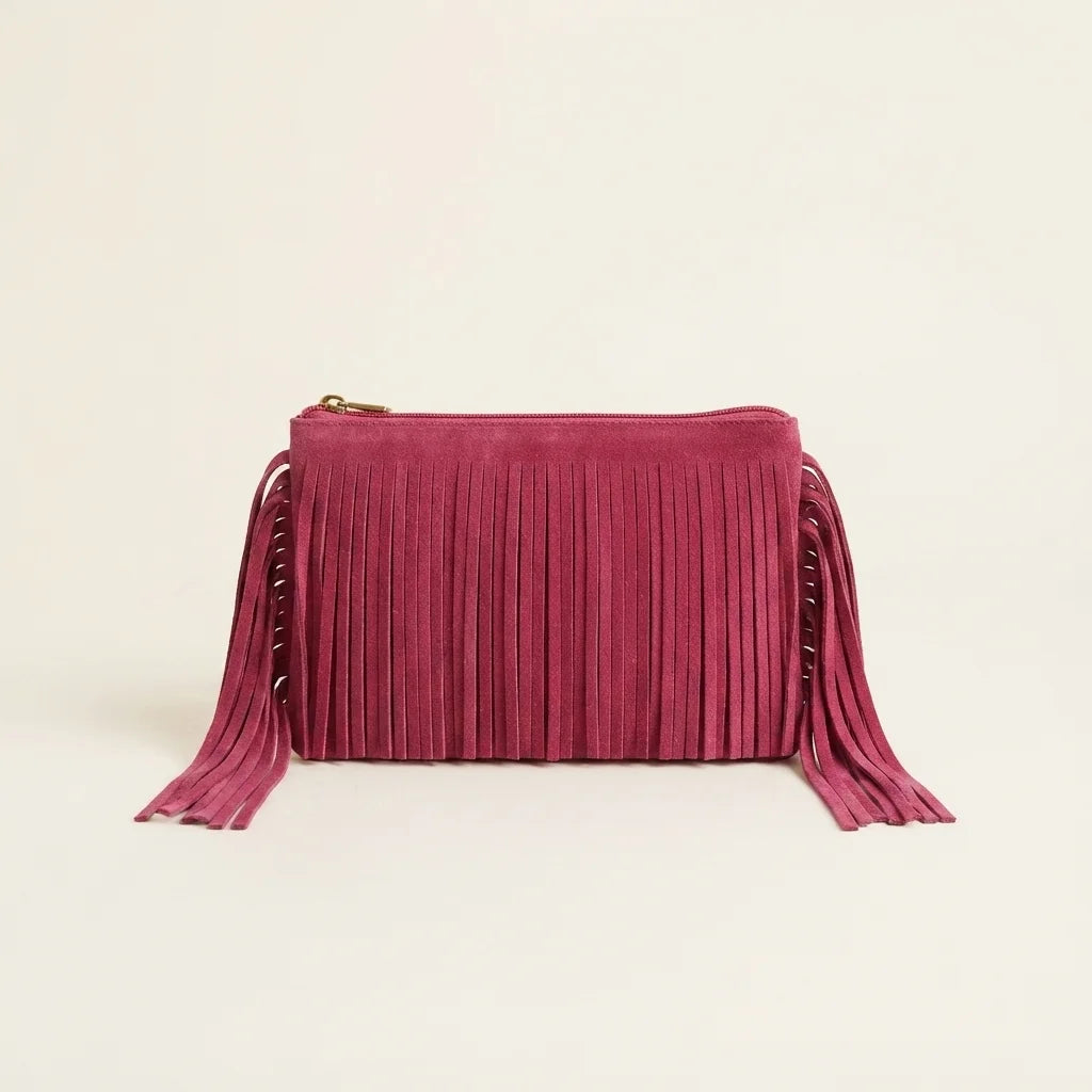 Pink small suede fringe bag, front view
