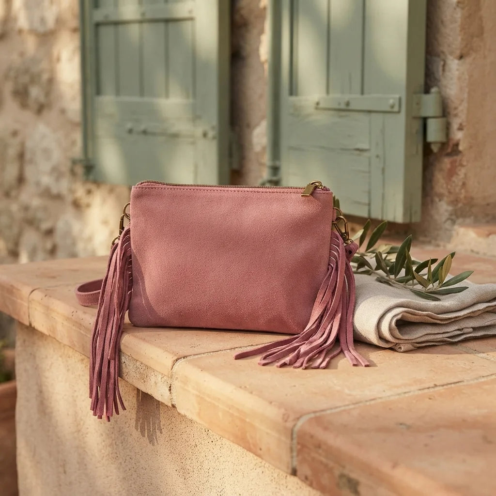 Pink small suede fringe bag styled in a warm Mediterranean setting
