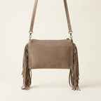 Back panel of Taupe small suede fringe bag with strap attachments