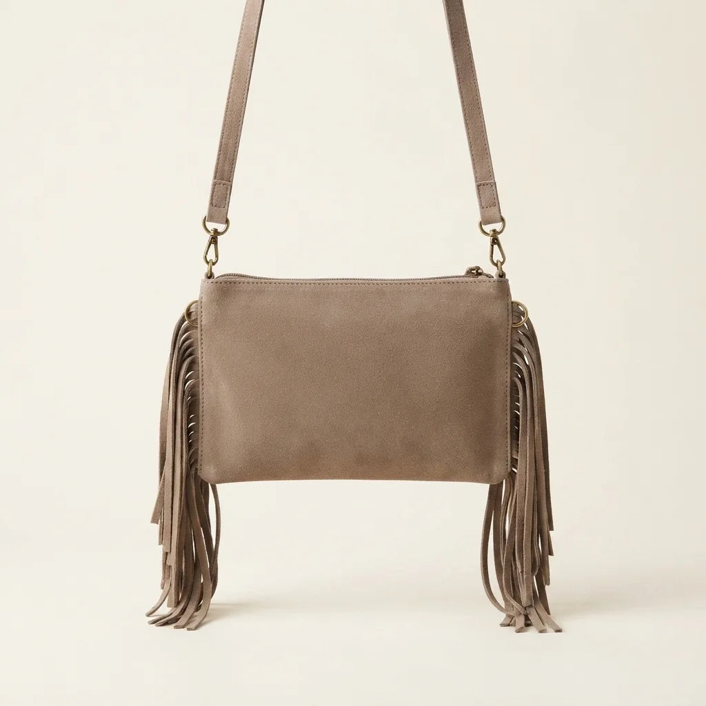 Back panel of Taupe small suede fringe bag with strap attachments