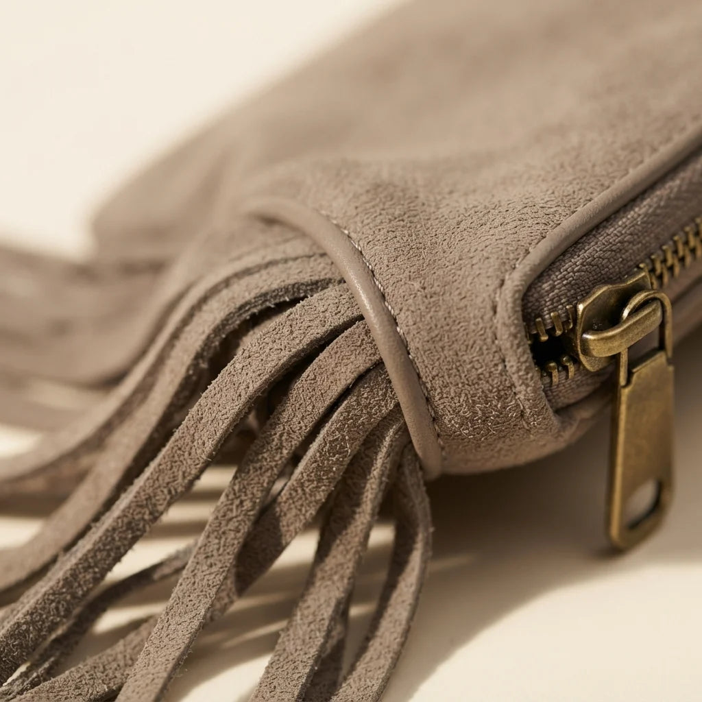 Close-up of fringe stitching and texture on Taupe small suede fringe bag