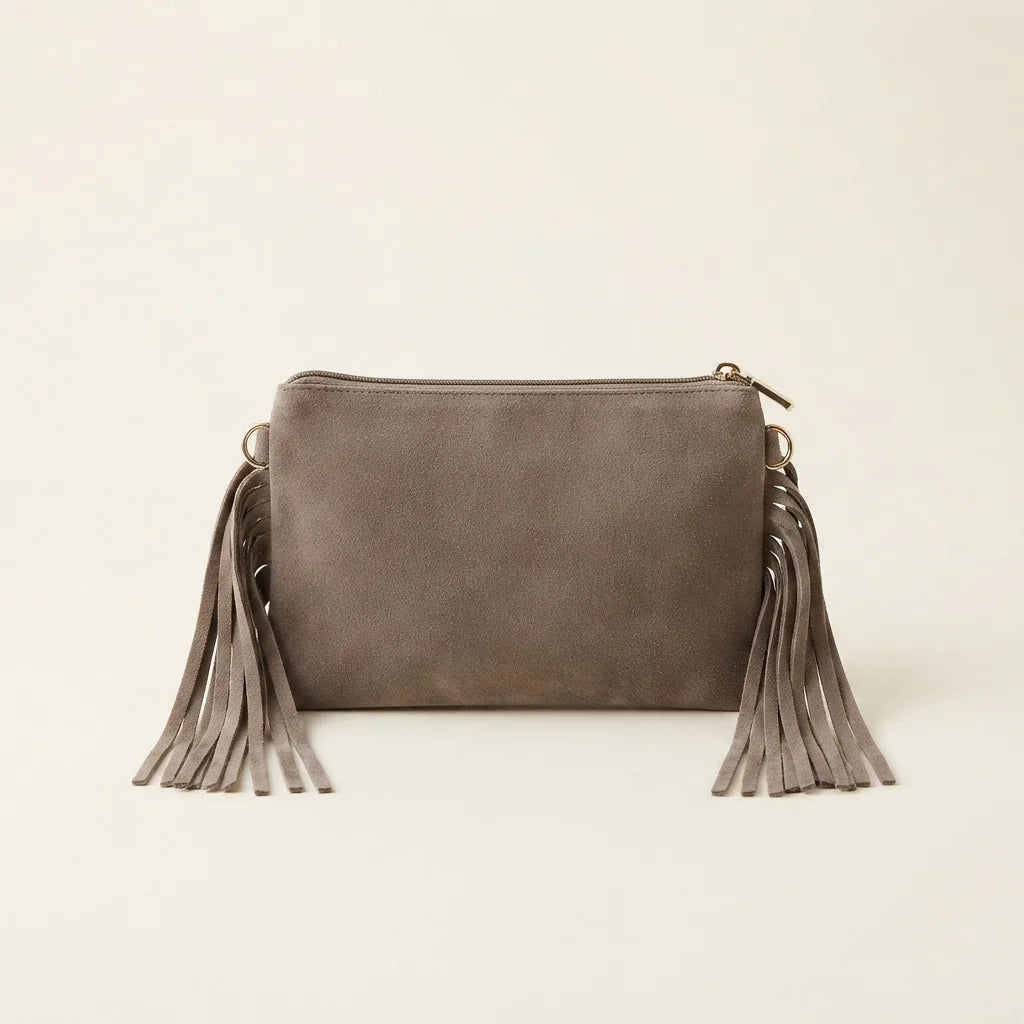 Taupe small suede fringe bag, front view
