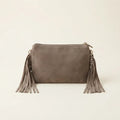 Taupe small suede fringe bag, front view
