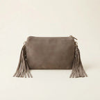 Taupe small suede fringe bag, front view