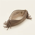 Interior lining and pockets of Taupe small suede fringe bag