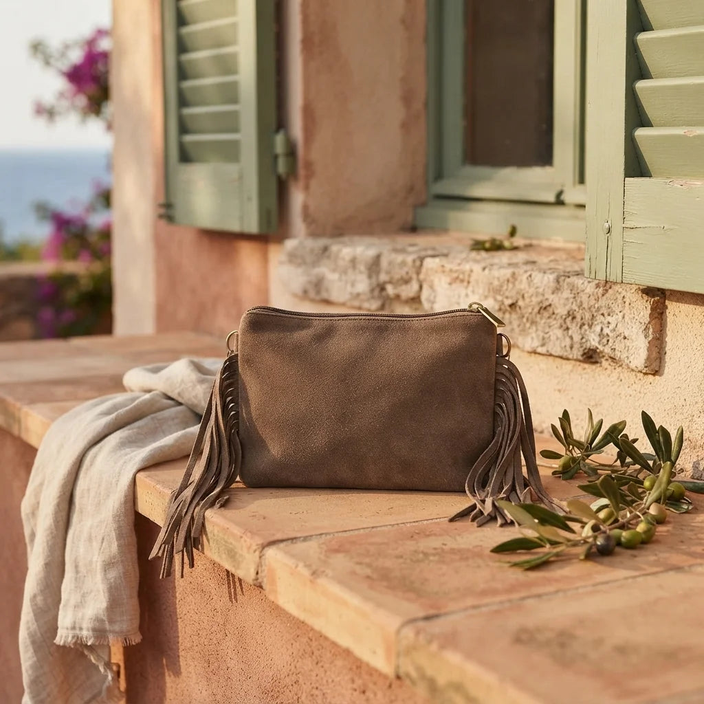Taupe small suede fringe bag styled in a warm Mediterranean setting