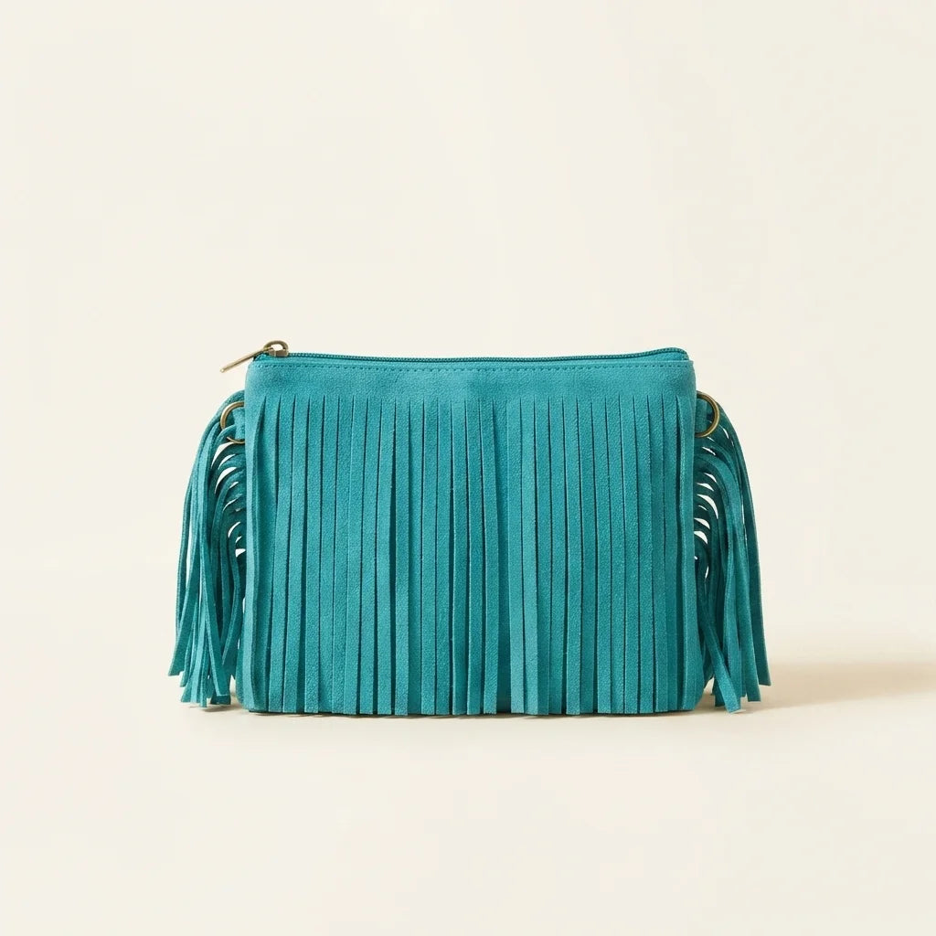 Turquoise small suede fringe bag, front view