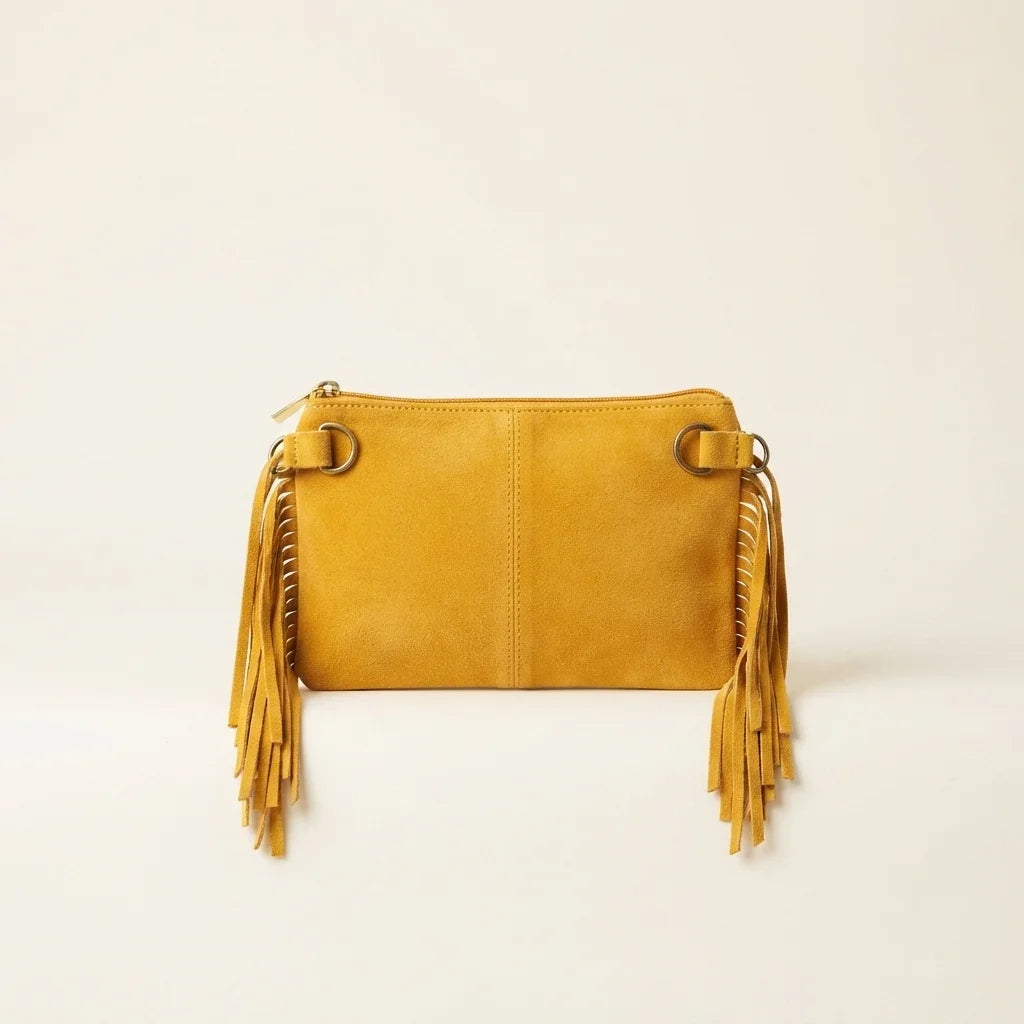 Back panel of Yellow small suede fringe bag with strap attachments