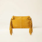 Back panel of Yellow small suede fringe bag with strap attachments