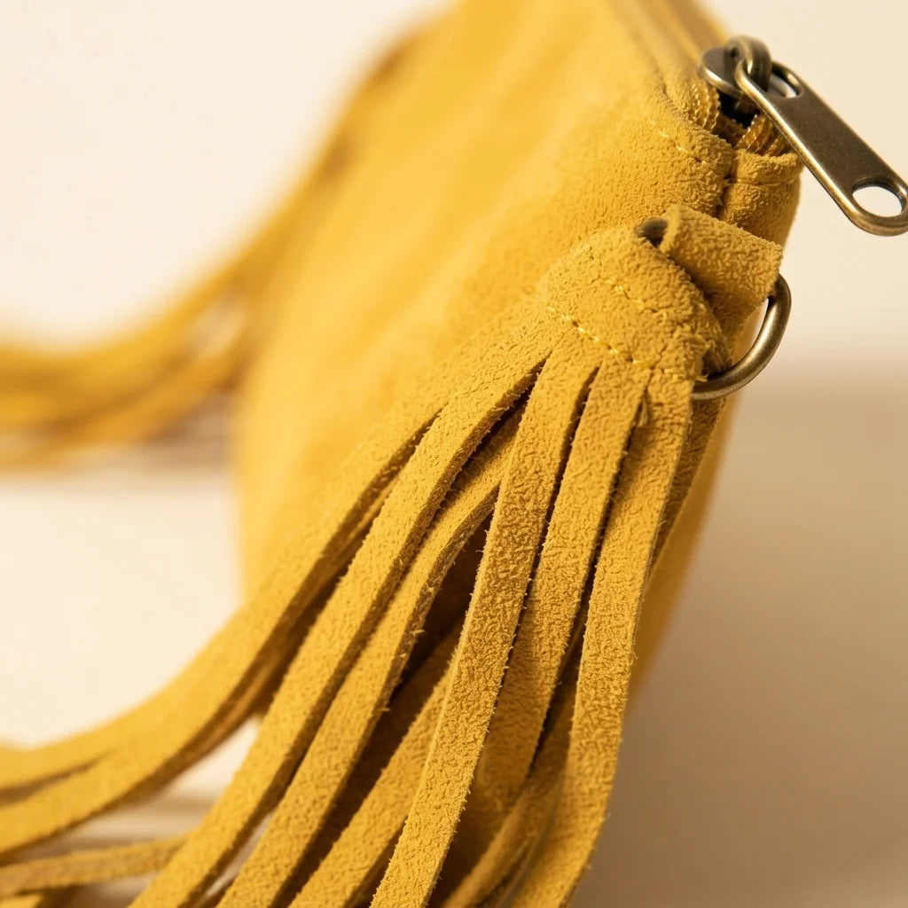 Close-up of fringe stitching and texture on Yellow small suede fringe bag