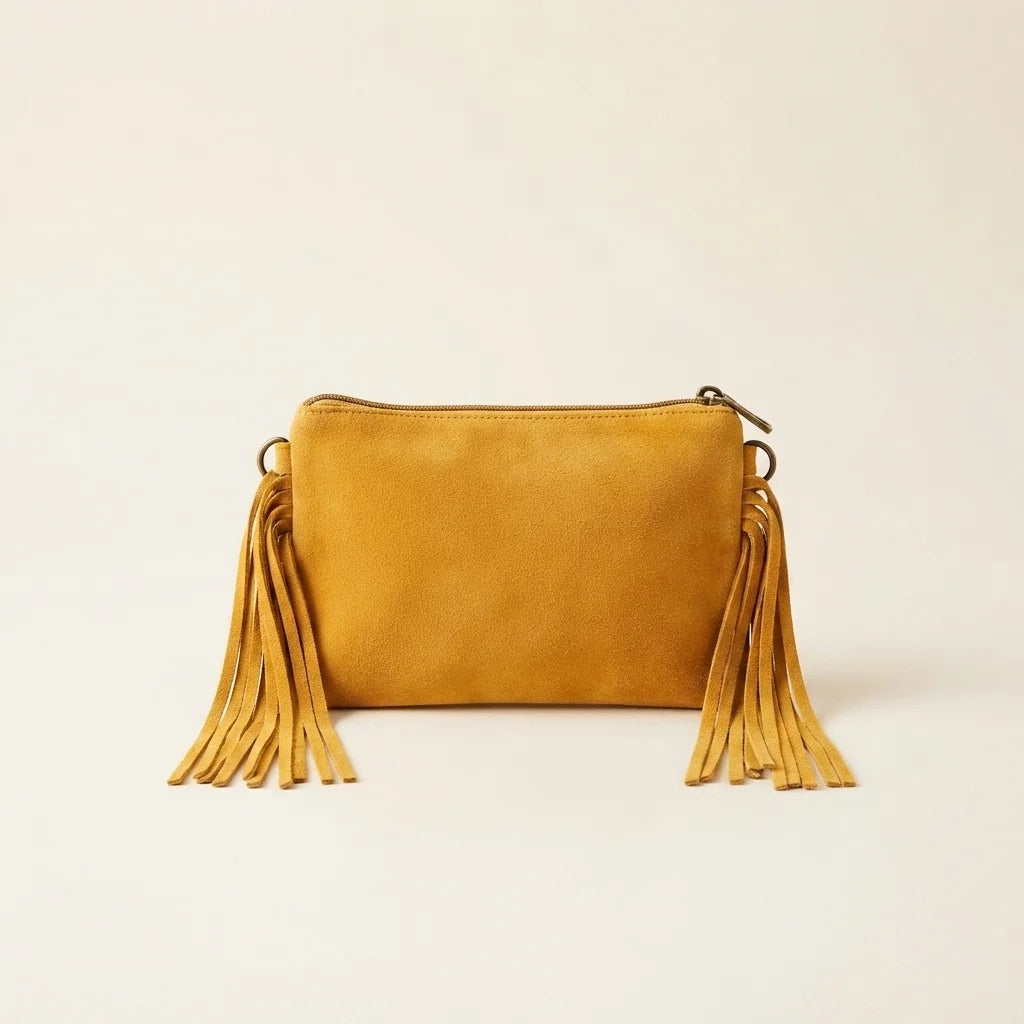 Yellow small suede fringe bag, front view